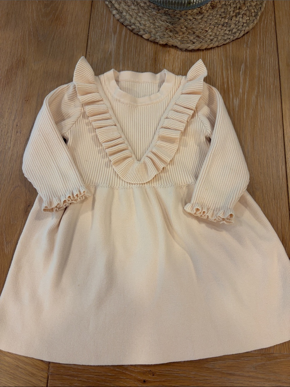 Neutral ruffle sweater dress